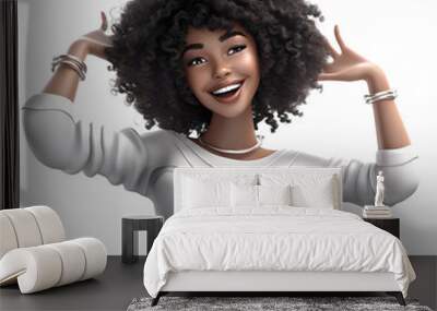 3D cartoon character happy smiling black young woman cheerful posing hands up, isolated on white and transparent background, ai generate Wall mural