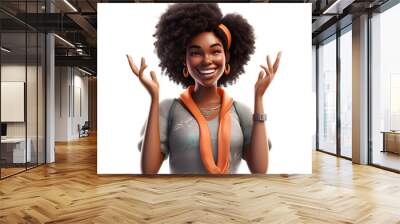 3D cartoon character happy smiling black young woman cheerful posing hands up, isolated on white and transparent background, ai generate Wall mural