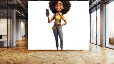 3D cartoon character happy smiling black young woman standing holding smart phone, Full body isolated on white and transparent background, ai generate Wall mural