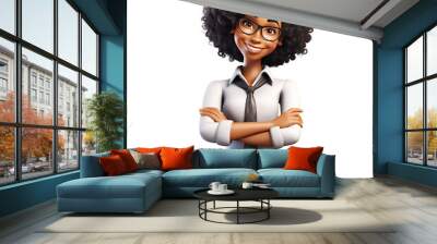 3D cartoon character smiling black young woman standing with arms crossed, isolated on white and transparent background, ai generate Wall mural