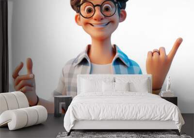 3d cartoon laughing happy smile young hipster man with hand pointing expression, isolated on white and transparent background Wall mural