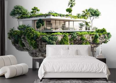 3d illustration modern house floating  beautiful landscape and green tree island Wall mural