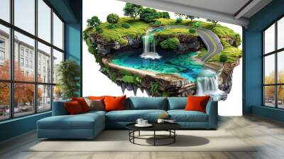 3d illustration of floating road with mountains island, Creative piece of land with waterfall and ocean with beautiful landscape, isolated on white background Wall mural