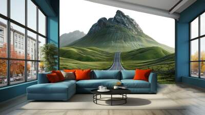 3D of road going up to the top of green mountain forest landscape, isolated on white background, png Wall mural