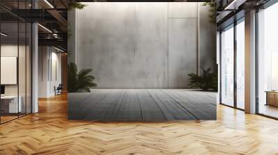 Empty white room with plants and trees on a concrete floor grey Wall mural