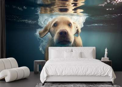 golden retriever puppy swimming pool play with fun - jumping, diving deep down. Actions, training games with family pets and popular dog breeds on summer vacation, image ai midjourney generated Wall mural