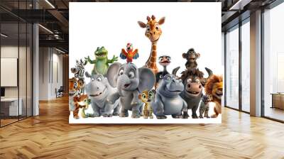 Group of 3D cute happy cartoon Wild Animals safari concept, isolated on white background, png Wall mural