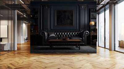 Interior of a luxury dark room with leather sofa and table, in the style of vintage retro Wall mural