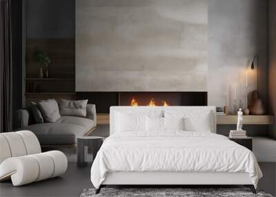 Living room with fireplace old concrete with modern furniture on wall, in the style of minimalist background Wall mural