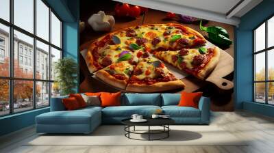 pizza with salami and tomatoes on wood plate wooden table, image ai generate Wall mural