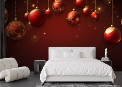 Red christmas balls decorations on red background, AI generate Wall mural