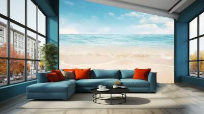 Sea beach with white sand beach blue sky with clouds, Summer Holiday background,  AI generate Wall mural