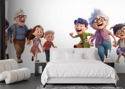 Set of 3D cartoon character cute Happy family mother, father, children son and daughter, grandparents have fun running together, isolated on white and transparent background, ai generate Wall mural