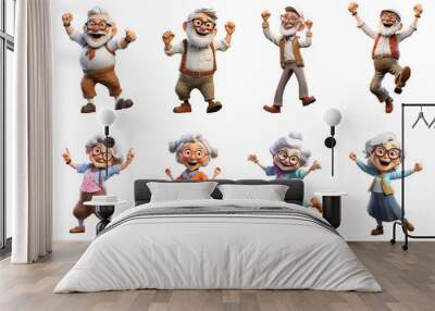 Set of 3D cartoon illustration of happy smile Elderly people old man and old woman dancing and having fun, isolated on white background, png Wall mural