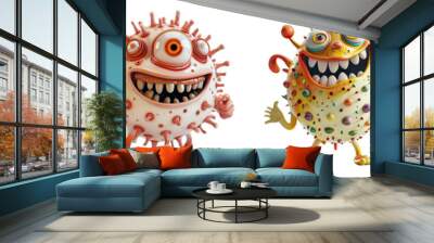 Set of 3D cute cartoon disease, viruses, bacteria, isolated on white background, png Wall mural