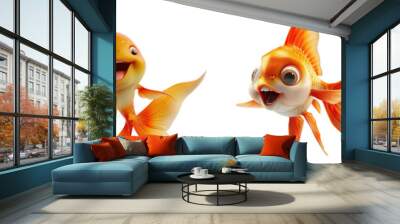 Set of 3D cute happy cartoon goldfish, isolated on white background, png Wall mural