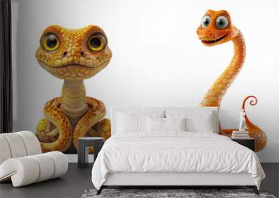 Set of 3D cute happy cartoon snake, isolated on white background, png Wall mural