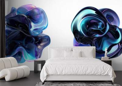 Set of 3D holographic abstract with dark colors liquid fluid shape gradients elements design, isolated on white background, png Wall mural