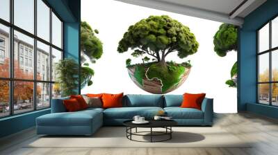 Set of 3D planet earth spherical green field and trees, Save Earth ecosystem and healthy environment idea concept, isolated on white background, image ai generate Wall mural