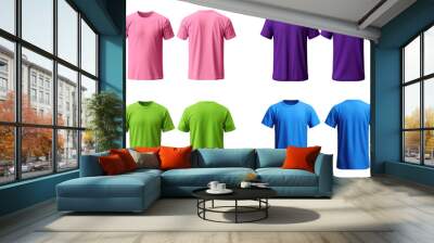 Set of blank T-shirt template, Pink, Purple, Green, light blue,  from front and back two sides, natural shape on invisible mannequin, for your design mockup for print, isolated on white background Wall mural