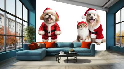 Set of Cats and dogs in red Christmas Santa Claus costume, isolated on white and transparent background, ai generate Wall mural