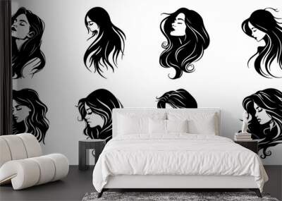 Set of vector icons silhouette of woman head with Featuring Various long hair hairstyle beauty salon fashion and cosmetic Wall mural