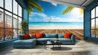 Summer tropical sea beach with waves, palm leaves and blue sky with clouds. Vacation landscape with empty wooden table for display of presentation product,  AI generate Wall mural