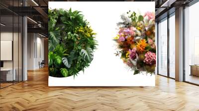 Tropical flowers plants in circle shape, floral arrangement indoors garden nature foreground and backdrop design, isolated on white transparent background, ai generate Wall mural