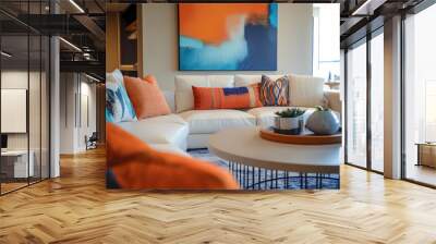 Scandinavian interior design of a modern living room with blue and orange furniture, wooden floor Wall mural