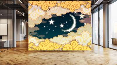 Cartoon style night sky with clouds and moon Wall mural