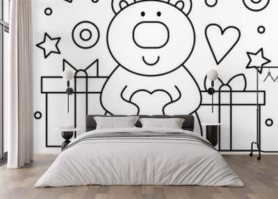 Teddy bear and gifts. Coloring page. Vector illustration. Wall mural