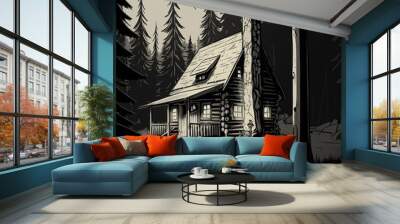 Ai generated illustration of a log Cabin home in the woods in pencil sketch format. Wall mural