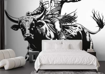 cowboy riding a bucking rodeo bull illustration on a white background Wall mural