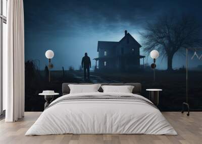 Haunted house with a dark figure standing outside Wall mural