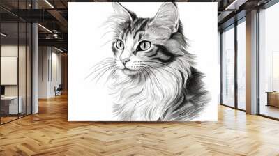 maine coon cat pencil sketch isolated on a white background Wall mural