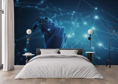 Network gaming. Futuristic game joystick in hands. Polygonal design of interconnected lines and points. Blue background. Wall mural