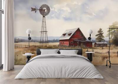 painting of a farm barn and windmill in the field Wall mural