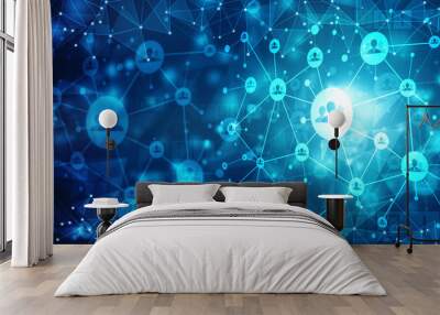 2d illustration business network, background conceptual image with social connection lines on dark b Wall mural