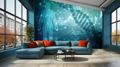 2d illustration Human Male Muscle Body with Dna Structure Wall mural