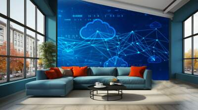 2d illustration of Cloud computing, Digital Cloud computing Concept background. Cyber technology, internet data storage, database and mobile server concept Wall mural