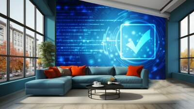 Check mark symbol in digital background, Technology abstract background, Tech Futuristic Check Mark Symbol Wall mural