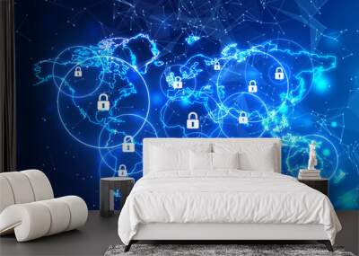 Cyber security and digital computer protection with padlock symbol and world Map, Global Data protection, Cyber Security Privacy. Business Technology Concept Wall mural