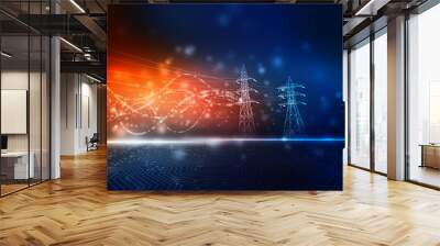 High power electricity poles on technology abstract background. Energy supply, distribution of energy, transmitting energy, energy transmission, high voltage supply concept Wall mural