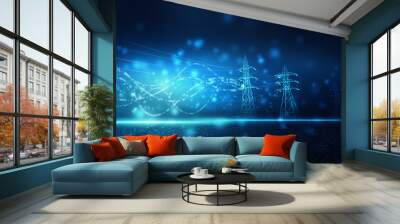 High power electricity poles on technology abstract background. Energy supply, distribution of energy, transmitting energy, energy transmission, high voltage supply concept Wall mural