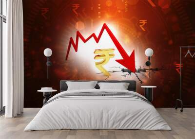 indian rupee crisis concept, red indian rupee symbol down to ground. 3d rendering isolated on stock  Wall mural