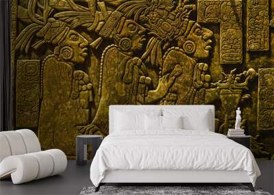 Ancient Mayan drawings on the stone wall Wall mural