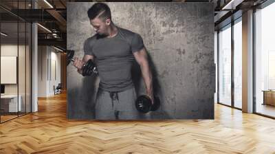 Bodybuilder doing biceps curls with dumbbells Wall mural