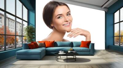 Portrait of young beautiful woman on white background Wall mural