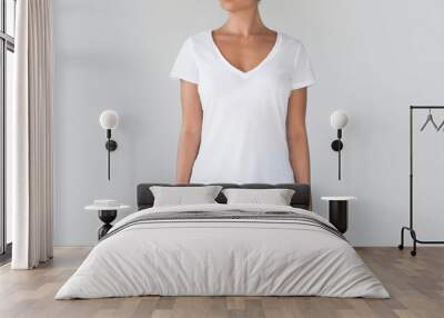 Woman wearing cotton white shirt with empty space for your text or logo Wall mural