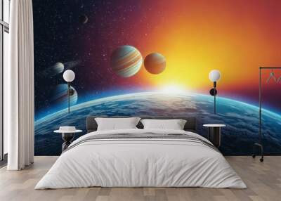  Sunrise over group of planets in space Wall mural